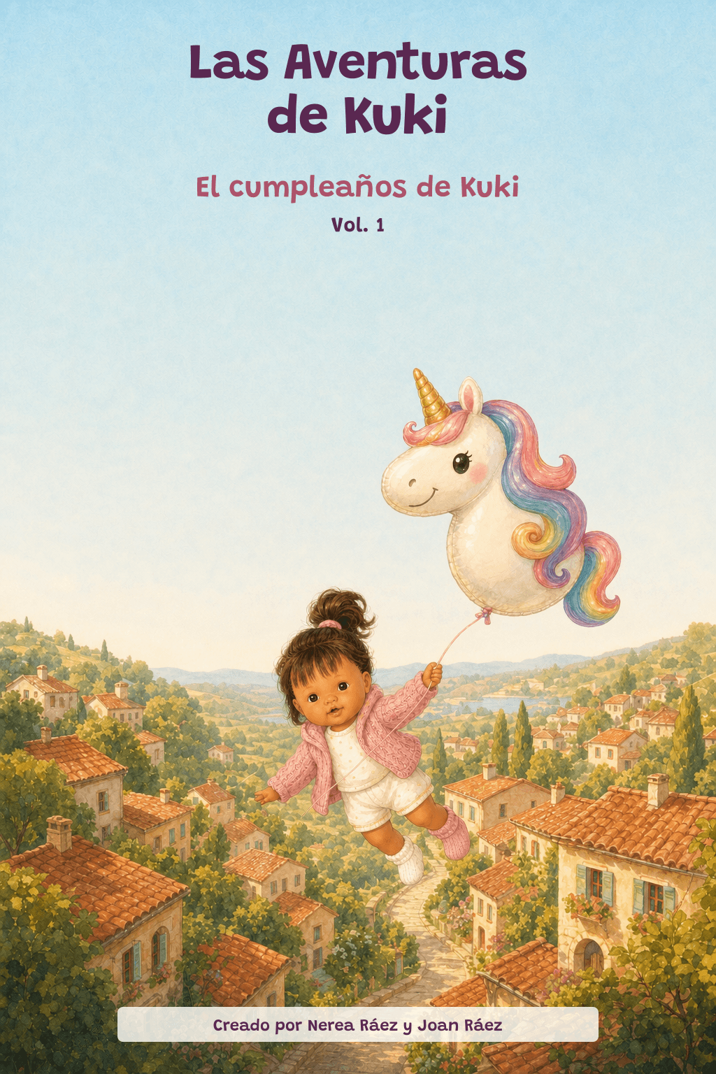 Kuki vuela sobre el pueblo con Nube, su globo unicornio